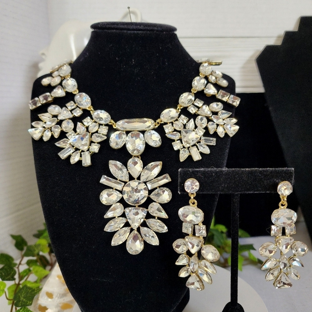 Stunning Statement Gold with Crystal Necklace and Matching Earrings Set